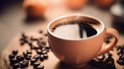Obraz premium Tazza di caffè con chicchi di caffè su tavolo