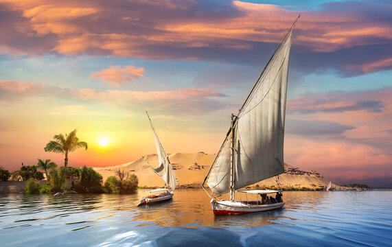 Sunset in Aswan and pyramids