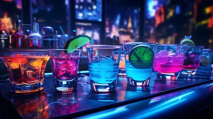 Neon colorful cocktails in a cyberpunk bar - obrazy, fototapety, plakaty