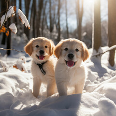 Little golden retriever puppies in the winter forest under the snow