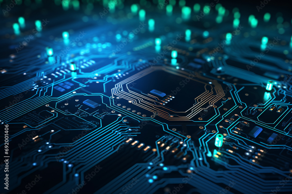 Aufkleber digital circuit board microprocessor motherboard computer hardware in neon green and blue glowing li