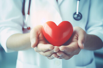 Heartfelt care: Doctor holding a red heart shape, symbolizing love and health. Ideal for World Heart Day and insurance concepts. ai generative - obrazy, fototapety, plakaty