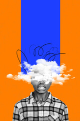 Vertical photo collage of young angry mad aggressive emotional woman half of head in clouds...