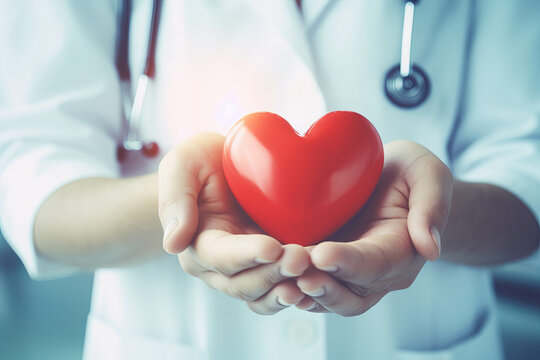 Heartfelt care: Doctor holding a red heart shape, symbolizing love and health. Ideal for World Heart Day and insurance concepts. ai generative