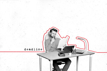Photo collage picture image sitting young guy worker businessman solving task hold document desk...