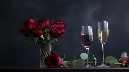 Red rose bouquet and two glasses of wine on the table, romantic dinner concept, Valentine s day background.