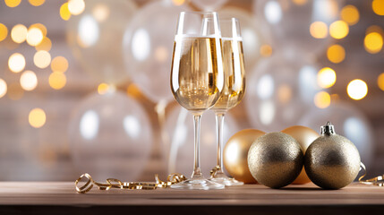 Two glasses of champagne on the wooden table with party ornament and balloons in white and gold...