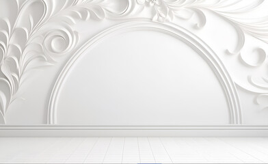 Elegant white empty product display template for e-shop or social media, minimalistic background with plaster wall art
