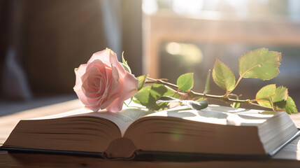 Beautiful pink rose on an open book with morning sunlight near window, book lovers and love concept, romantic valentine s day background. - Powered by Adobe