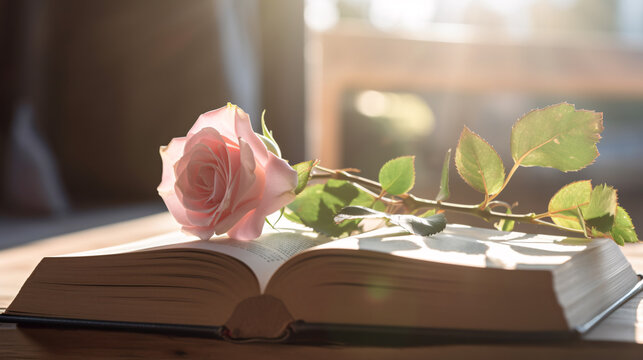 Beautiful pink rose on an open book with morning sunlight near window, book lovers and love concept, romantic valentine s day background.