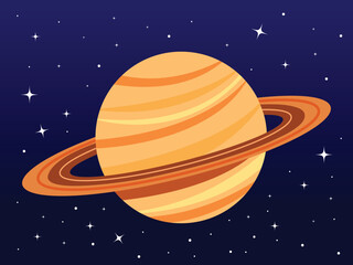 Saturn planet vector illustration isolated on dark sky with stars background. Saturnus planet with ring. Simple flat cartoon art styled astronomy themed drawing. © Amanda Alamsyah