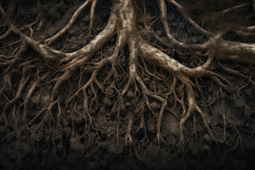 Intricate underground world Close-up of tree roots in soil, displaying a detailed and textured environment. ai generative