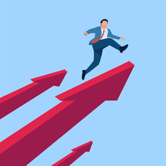 people jump from an arrow pointing upwards, a metaphor for high expectations. Simple flat conceptual illustration.