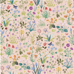 Millefleurs. Seamless pattern. Vintage vector botanical illustration. Colorful