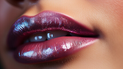 Obraz premium close up lips with glossy pink lipstick