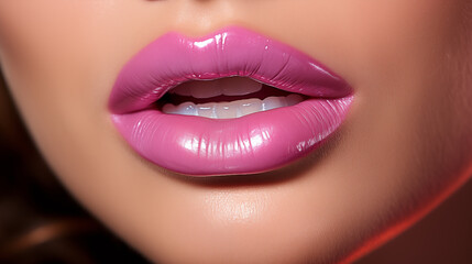 Obraz premium close up lips with glossy pink lipstick