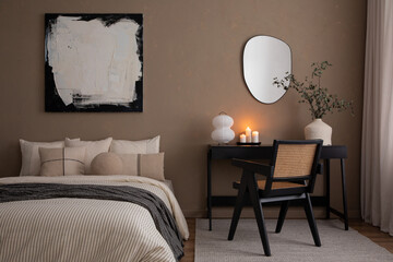 Creative composition of warm bedroom interior with cozy bed, bedding, black sideboard, rattan...