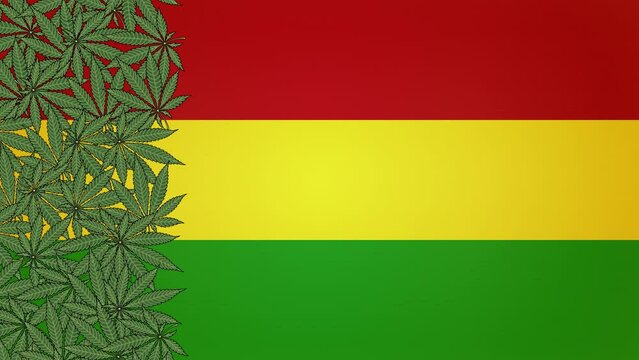 Cannabis leaves illustration fills the rasta flag background. Cartoon animation marijuana texture pattern design template art blank