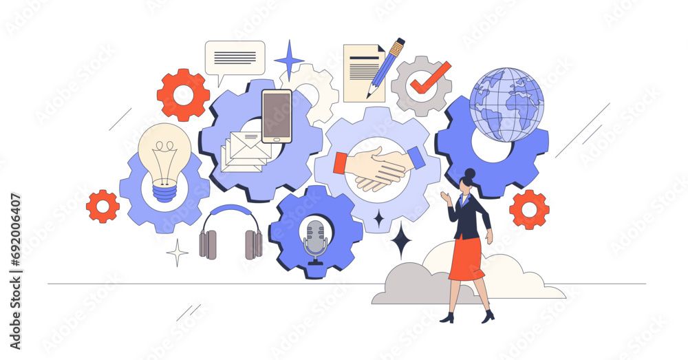 Poster elements of business communication and conversation retro tiny person concept, transparent backgroun