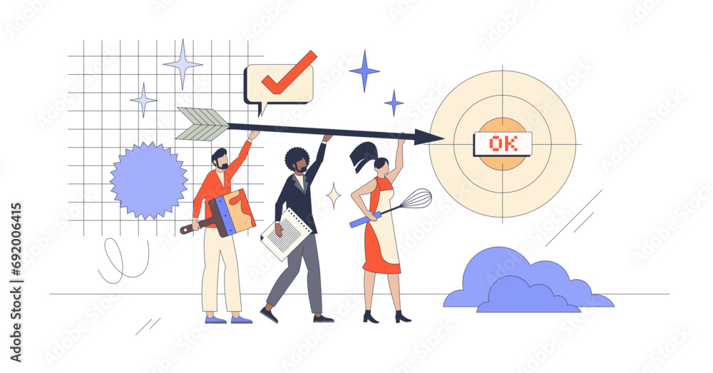 Poster goals and targets success from various occupations retro tiny person concept, transparent background