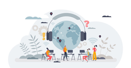 Global classroom experience with international school tiny person concept, transparent background. Online learning from abroad for academic study illustration. Multicultural group using internet. - obrazy, fototapety, plakaty