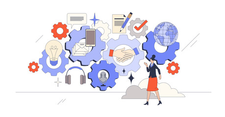 Elements of business communication and conversation retro tiny person concept, transparent background. Partnership discussion via mail message letters and talking.