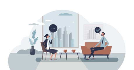 HR employee relations for successful work relationships tiny person concept, transparent background.Business staff interaction, talking and job tasks planning illustration.