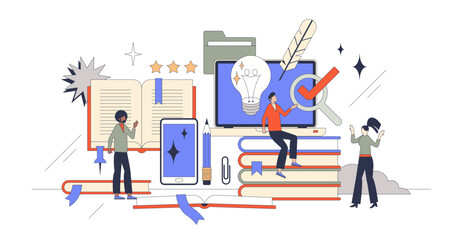 Innovation in education for effective and smart knowledge retro tiny person concept, transparent background. Innovative technology usage in school, university or e-learning systems illustration.