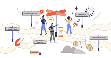 Redefining traditional career paths for Gen Z occupations retro tiny person concept, transparent background. New approach to find professional future goals illustration.