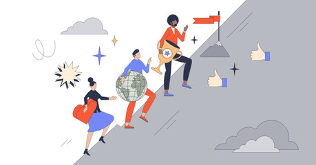 Life ambitions, relationship and work balance for gen Z retro tiny person concept, transparent background. Life harmony with happiness objectives and career goals illustration. Choice between love.
