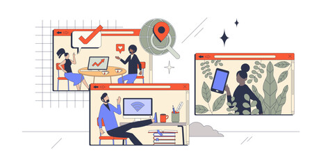 Remote work and flexibility as Gen Z employee benefits retro tiny person concept, transparent background. New generation workforce with effective and productive working style illustration.
