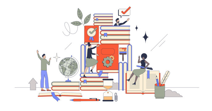 Teamwork in learning and collective education study retro tiny person concept, transparent background.Team collaboration for skill sharing and student common growth illustration.