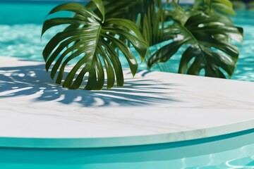 Fototapeta na wymiar Summer background with marble podium in pool water and monstera leaf shade. Luxury hotel resort for product placement. generative ai.