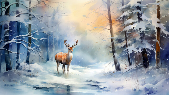 Deer in a winter forest. Watercolor illustration with winter landscape and deer. Snowy forest at sunset. Ideal for Christmas card, poster or print design.