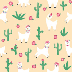 Cute pattern with llamas, cacti, Alps mountains, dream catcher, rainbows and hearts. Children s room design © MichiruKayo
