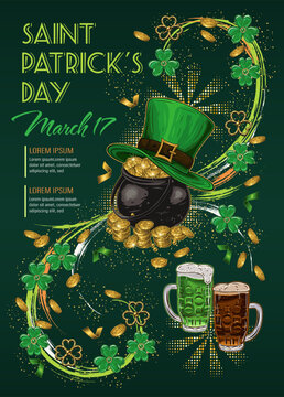 St Patricks Day vertical poster with clover, shamrocks, text, pot full of coins. Dynamic whirl, swirl with smudge paint strokes, scattered confetti, golden dust. Holiday illustration in vintage style.