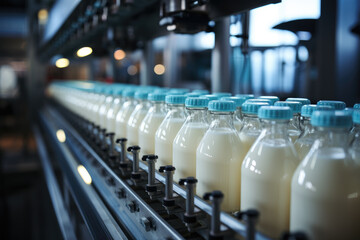 bottles of milk on a conveyor. modern milk factory. - obrazy, fototapety, plakaty