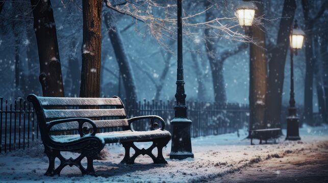 Winter Tranquility: Empty Park Bench Under Frosty Tree and Garden Lamp