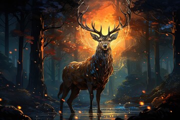 majestic stag deer witch animal illustration - obrazy, fototapety, plakaty