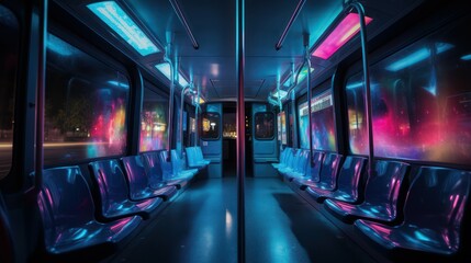 Night atmosphere on a quiet public bus without passengers, with cinematic RGB neon lighting Nighttime Commute on an Illuminated Highway - obrazy, fototapety, plakaty