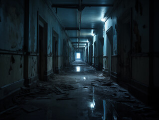 暗くて不気味な廃墟の廊下。AI生成画像 - obrazy, fototapety, plakaty