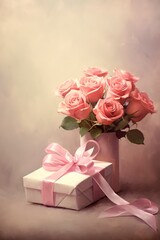 beautiful roses and gift box, rendered in impressionism style, copy space, generative ai