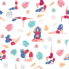 Seamless pattern Plus size curvy girls doing yoga class. Online home workout concept. Body positive