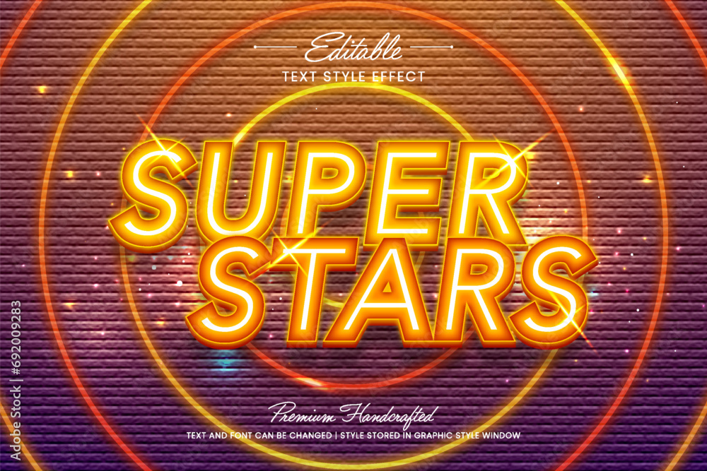 Poster shiny super star sign vector graphic style on brick textured background. editable vector 3d text eff