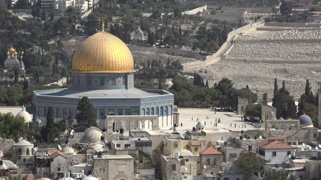 View towards the Dome of the Rock and the Mary Magdalena church in historic Jerusalem, Israel
