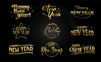 Happy new year lettering collection. Elegant golden design in dark background.