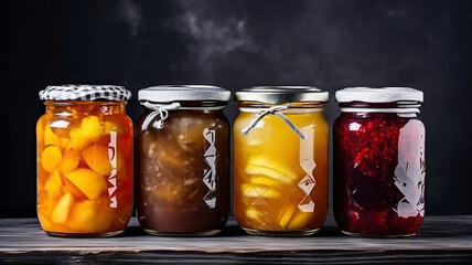 Preserved fruits and vegetables in glass jars on a wooden table. Four cans of canned fruit close-up on dark grey background. - obrazy, fototapety, plakaty