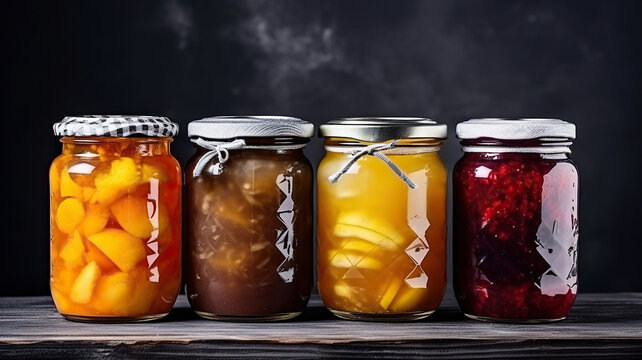 Preserved fruits and vegetables in glass jars on a wooden table. Four cans of canned fruit close-up on dark grey background.