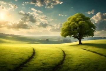 Scenic view of an idyllic meadow, featuring a single tree and a breathtaking stretching across the horizon.