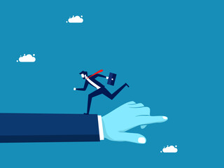 Make the opposite decision. Businessman goes in opposite direction with giant hand pointing. Vector